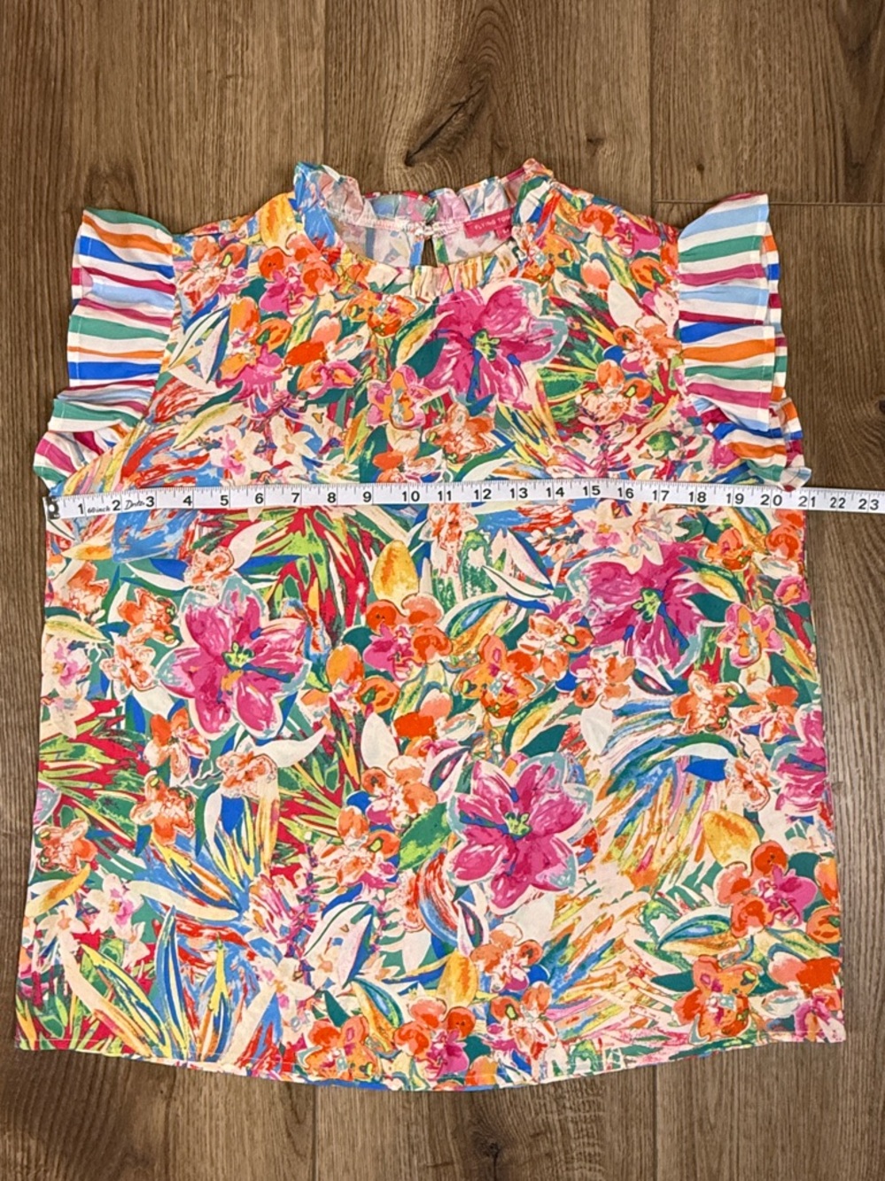 Flying Tomato Tropical Floral Ruffle-Sleeve Top in Pink & Teal - Picture 6 of 8